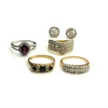 A COLLECTION OF 9CT GOLD, DIAMOND AND GEM SET JEWELLERY To include a three row diamond ring, a seven