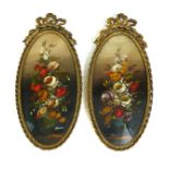 A PAIR OF 20TH CENTURY OVAL OILS ON CARD, STILL LIFE STUDIES With hand painted floral arrangement,