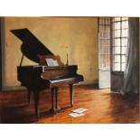 RON BONE, 1950 - 2011, A FINE ACRYLIC ON BOARD Interior scene with grand piano, tilted 'Summer