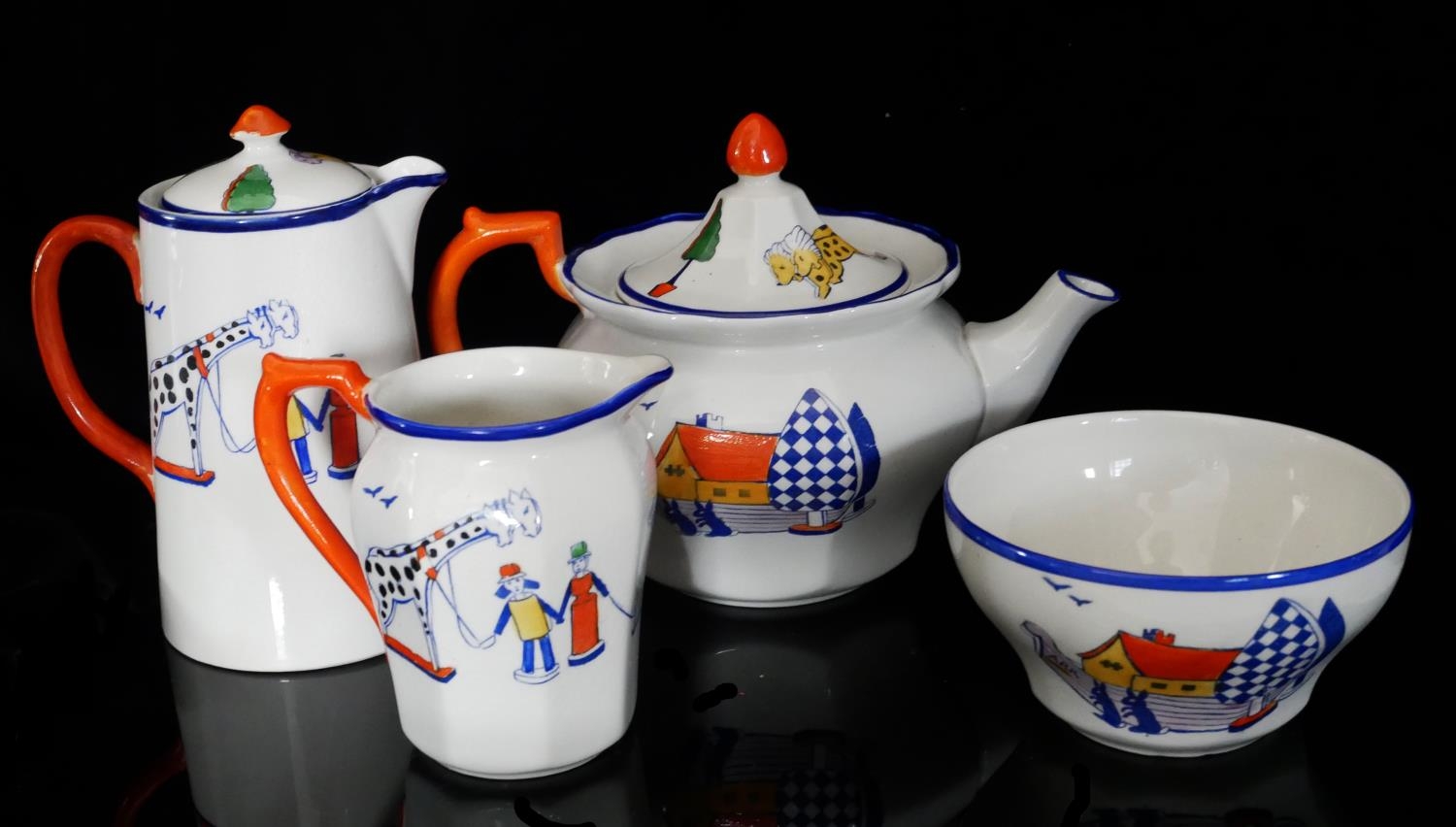 AN EARLY 20TH CENTURY STAFFORDSHIRE ALLERTONS FACTORY NOVELTY NURSERY FOUR PIECE TEA SERVICE In '