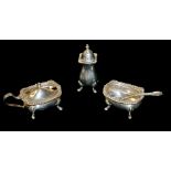 A SILVER THREE PIECE CRUET SET Comprising a pepper pot, an open salt and mustard pit with blue glass