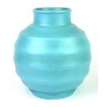 KEITH MURRAY FOR WEDGWOOD, AN ART DECO LARGE TURQOISE GLAZED POTTERY GLOBULAR VASE Stepped form,