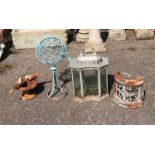 A ZINC ARMILLARY SPHERE Along with two lanterns and an iron bird bath. (60cm)