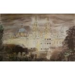 A 20TH CENTURY ARCHITECTURAL WATERCOLOUR, LANDSCAPE View of Oxford College at dusk, together with