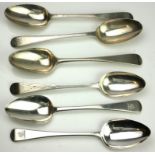 A COLLECTION OF SIX GEORGIAN SILVER TABLESPOONS To include a pair hallmarked Thomas Wallis,