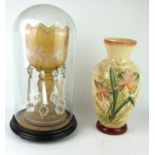 A VICTORIAN GLASS LUSTRE VASE WITH GLASS DOME Hand painted floral decoration set with faceted lustre
