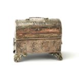 A LATE 19TH/EARLY 20TH CENTURY CONTINENTAL SILVER NOVELTY CASKET Domed top embossed with hunting