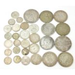 A COLLECTION OF VICTORIAN AND LATER BRITISH SILVER COINS To include five pre 1922 half crown coins