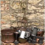 A MIXED LOT OF 19TH CENTURY AND LATER COPPER, BRASS AND PEWTER ITEMS To include a berry pan, kettle,