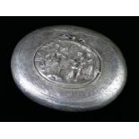 A VICTORIAN SILVER OVAL SNUFF BOX With a Continental silver figural panel to the lid and fine