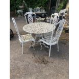 A 19TH CENTURY DESIGN CAST ALUMINIUM GARDEN TABLE AND FOUR CHAIRS. (diameter 99cm x 69cm) Condition: