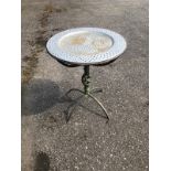 A CAST AND PIERCED TOPPED GARDEN TRAY TABLE On a wrought iron base. (diameter 61cm x 73cm)