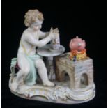 MEISSEN, A LATE 19TH CENTURY PORCELAIN MODEL OF A YOUNG SEMICLAD BOY BY A FIREPLACE Preparing