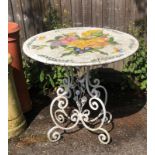 AN ITALIAN CERAMIC CIRCULAR GARDEN TABLE Decorated with fruit and flowers, on a scrolling wrought