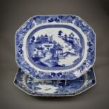 A GOOD PAIR OF BLUE AND WHITE QIANLONG 'LANDSCAPE' MEAT DISHES Both with a well painted central