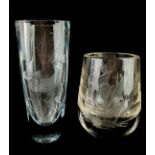 TWO MID 20TH CENTURY SCANDINAVIAN ETCHED ART GLASS VASES A vase etched with a galleon ship, in the