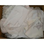 A COLLECTION OF VARIOUS EMBROIDERED LINEN Including tablecloths and napkins.