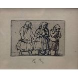 SIR FRANK BRANGWYN, 1867 - 1956, MINIATURE ETCHING Three women walking, signed with initials in