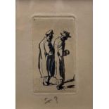 SIR FRANK BRANGWYN, 1867 - 1956, MINIATURE ETCHING Two gentleman standing, signed with initials in