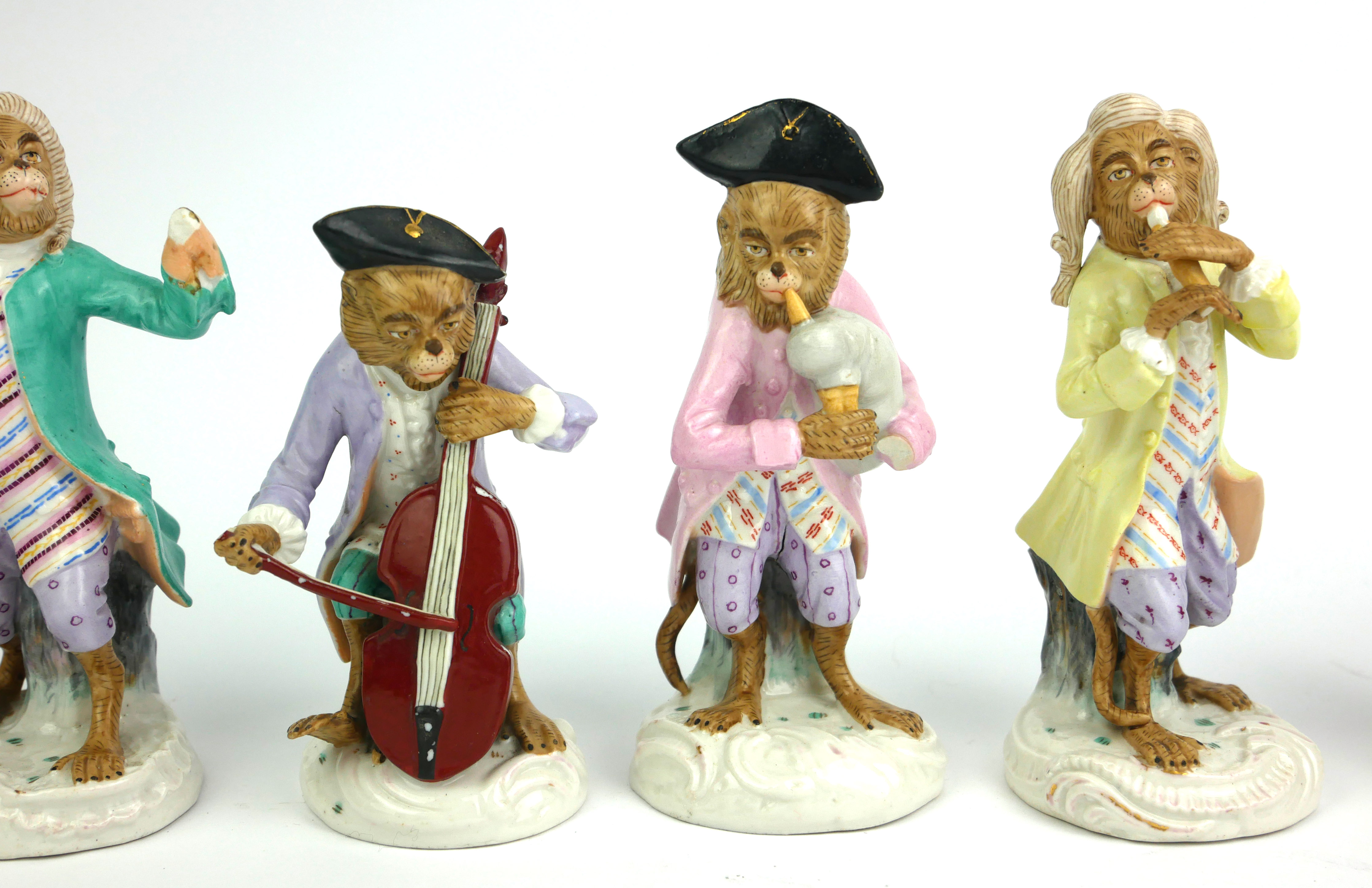 A SET OF NINE 19TH CENTURY GERMAN PORCELAIN MONKEY BAND FIGURES A conductor with various musicians - Image 4 of 15