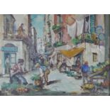 MID 20TH CENTURY CONTINENTAL OIL ON CANVAS Busy street market, indistinctly signed, framed. (51cm