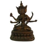 A CHINESE BRONZE BUDDHA STATUE Having three faces and eight arms (Ushnishavijaya), in a seated