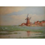 MINNIE JANE HARDMAN (NÉE SHUBROOK), 1862 - 1952, WATERCOLOUR Landscape, windmill with geese,