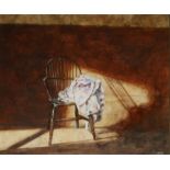 RON BONE, 1950 - 2011, OIL ON BOARD Titled 'Windsor', interior scene with a single Windsor chair