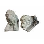 A PAIR OF RECONSTITUTED STONE STATUES, CLASSICAL STYLE RECUMBENT LIONS. (41cm x 20cm x 28cm)