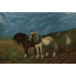 C.H. WARR, AN EARLY/MID 20TH CENTURY OIL ON CANVAS Work horses pulling a plough, signed, contained