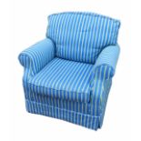 A VICTORIAN DESIGN EASY ARMCHAIR In blue and yellow fabric upholstery. (70cm x 65cm x 93cm)