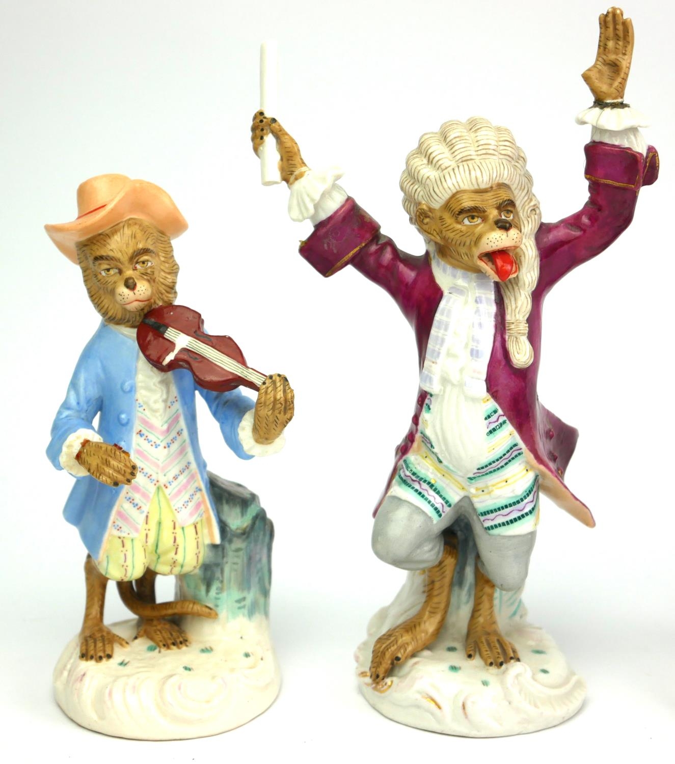 A SET OF NINE 19TH CENTURY GERMAN PORCELAIN MONKEY BAND FIGURES A conductor with various musicians - Image 9 of 15