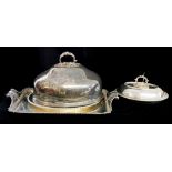 A COLLECTION OF VICTORIAN AND LATER SILVER PLATED WARE Comprising a silver plate on copper tray with