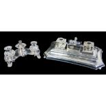 TWO EARLY 20TH CENTURY SILVER PLATED RECTANGULAR INK STANDS With recumbent sphinx finial and glass