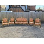 A FRENCH DESIGN GILTWOOD FRAMED FIVE PIECE SUITE Comprising a three seat settee and four open