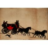 A 19TH CENTURY REVERSE GLASS COACHING SCENE A coach with red livery and horses, signed in pencil