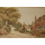 A 19TH CENTURY WATERCOLOUR, RURAL LANDSCAPE Village scene, with a solitary horse and rider in