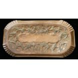 AN ARTS AND CRAFTS RECTANGULAR COPPER With embossed leaf form decoration. (approx 49cm)