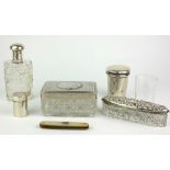 A COLLECTION OF VICTORIAN AND LATER SILVER AND CUT GLASS TRINKETS To include a hip flask, hallmarked