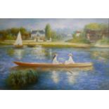 N. THOMAS, 20TH CENTURY OIL ON CANVAS Ladies' rowing with figures and building on the banks