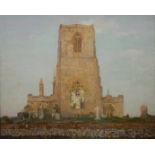 20TH CENTURY OIL ON CANVAS, VIEW OF A MEDIEVAL CHURCH Unsigned, framed. (89cm x 76cm) Condition: