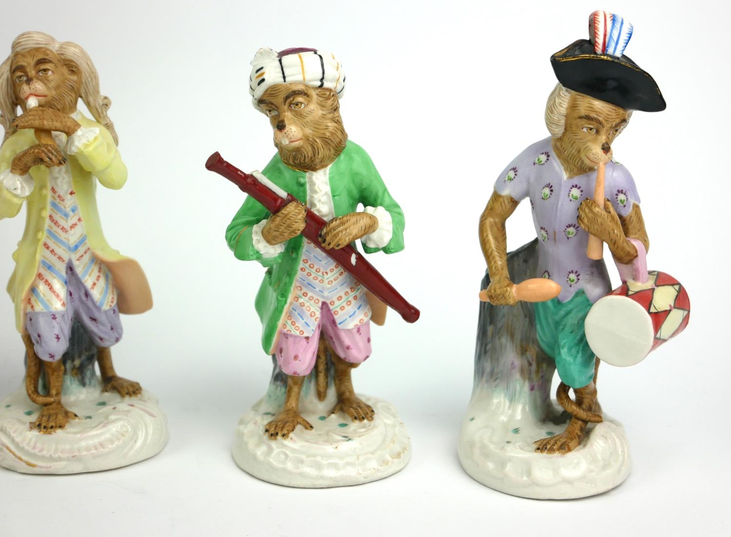 A SET OF NINE 19TH CENTURY GERMAN PORCELAIN MONKEY BAND FIGURES A conductor with various musicians - Image 3 of 15