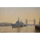 ROGER FISHER, 1919 - 1992, OIL ON BOARD Ship's portrait HMS Belfast on the Thames with Tower