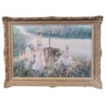 HOWARD KIMBLE, 1907 - 1973, OIL ON CANVAS Riverscape with ladies' rowing, signed, gilt framed. (76cm