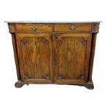 A WILLIAM IV ROSEWOOD SIDE CABINET With white veined marble top above two drawers and Gothic