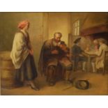 A 19TH CENTURY OIL ON CANVAS INTERIOR TAVERN SCENE Seated gent playing a violin with gents smoking