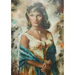 BETTY RAPHAEL, A MID 20TH CENTURY OIL ON CANVAS Portrait of a Spanish maiden wearing a blue shawl,