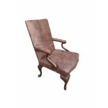 AN ANTIQUE WALNUT FRAMED OPEN ARMCHAIR With scroll and swept arms acanthus carved cabriole legs