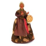 A 19TH/EARLY 20TH CENTURY FRENCH TERRACOTTA FOLK ART CLOTH LADY DOLL Wearing a long cotton dress and
