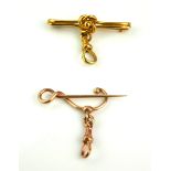 TWO EARLY 20TH CENTURY 9CT GOLD FOB WATCH SUSPENDER BARS The rose gold bar of Art Nouveau design,